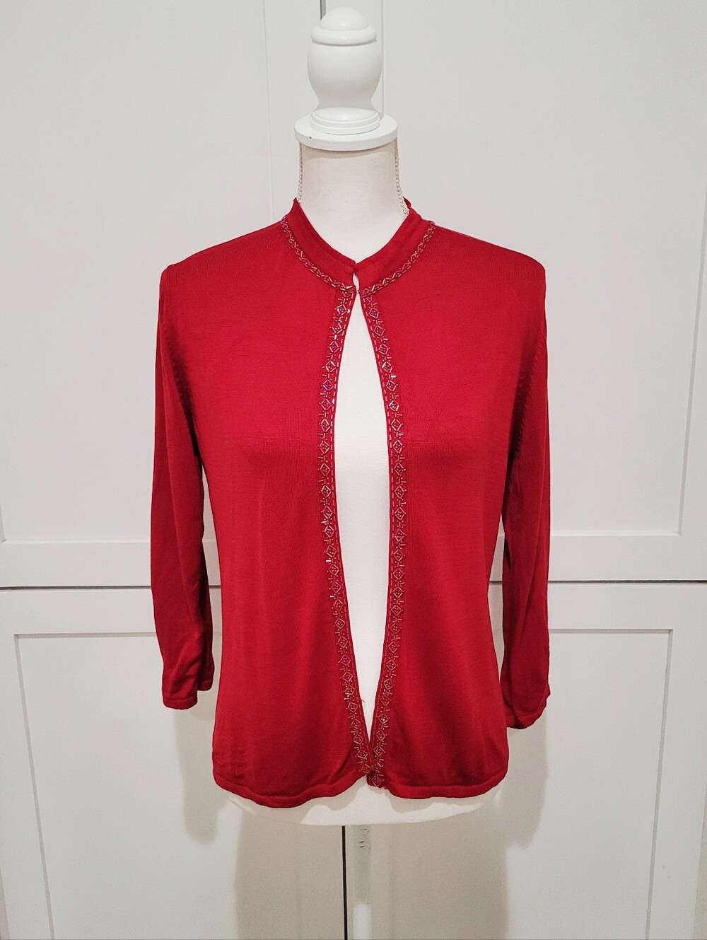 August Silk 100% Silk Red Beaded Open-Front Cardigan Sweater | Size Medium